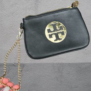 Tory Burch Black Wristlet Gold Logo Gold Chain Hardware